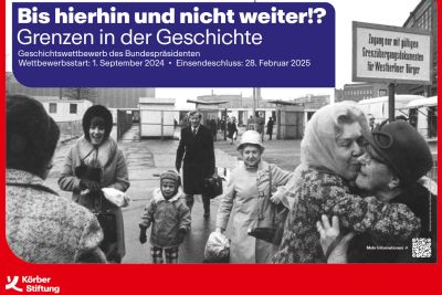 Bundespräsident Frank-Walter Steinmeier und die Körber-Stiftung rufen zur Teilnahme an dem Geschichtswettbewerb 2024/2025 „Bis hierhin und nicht weiter?! Grenzen in der Geschichte“ auf.