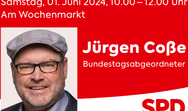 Am Samstag, den 1. Juni ist Jürgen Coße, der SPD-Bundestagsabgeordnete für das nördliche Münsterland, von 10 bis 12 Uhr auf Dialogtour in Emsdetten.